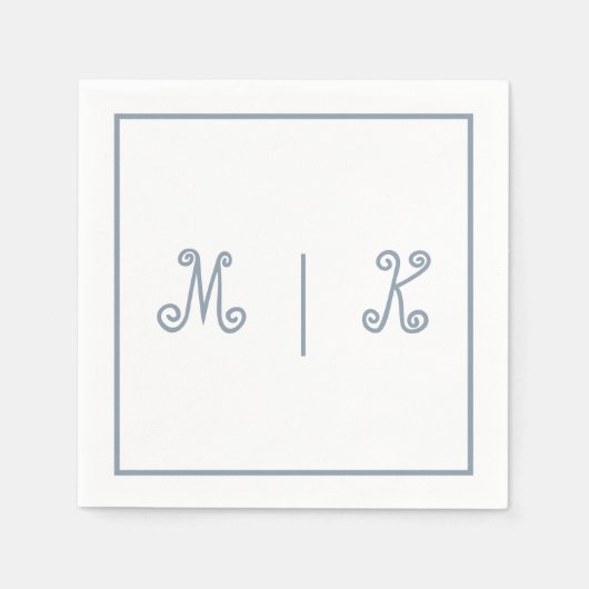 Serviette En Papier Monogrammes Dusty Blue Cool Script Mariage moderne (Devant)