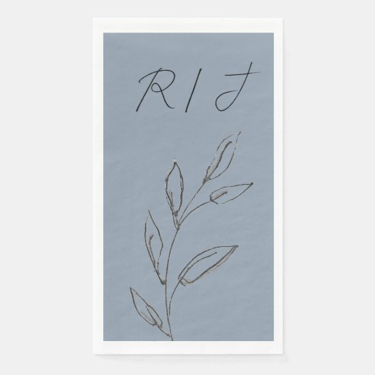 Serviette En Papier Monogrammes Feuilles noir blanc Dusty Mariage bleu (Devant)