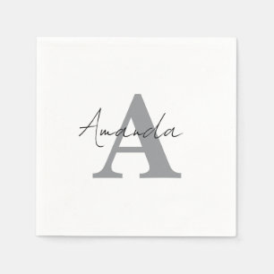 Serviette En Papier Monogrammes Simple Élégant Minimal Gris Noir Blanc