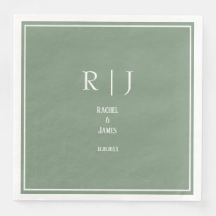 Serviette En Papier Monogrammes Vert Sauge Mariage Élégant Moderne Ten
