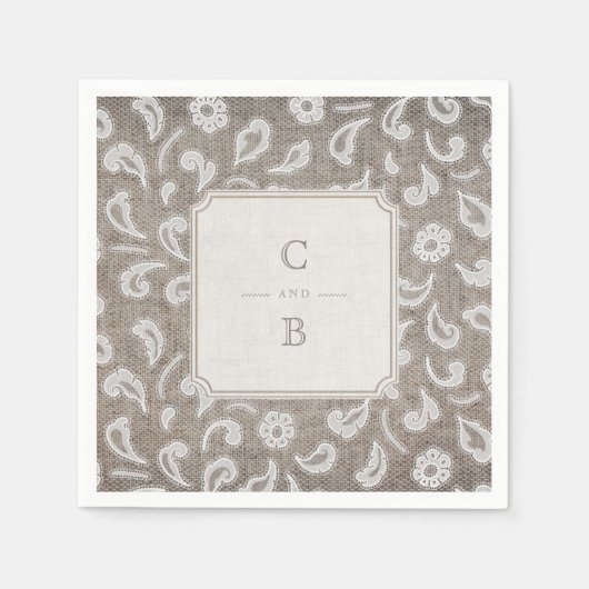 Serviette En Papier Monographie de mariage campagnard rustique dentell (Devant)