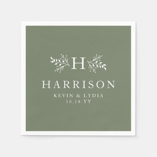 Serviette En Papier Monographie rustique sauge vert mariage personnali (Devant)