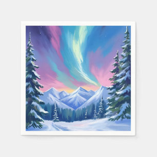 Serviette En Papier Montagne aquarelle aurore boréale nuit hivernale