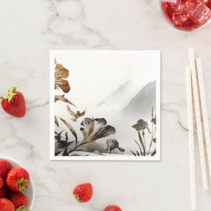 Serviette En Papier Montagne brumeuse zen oiseaux nature minimaliste