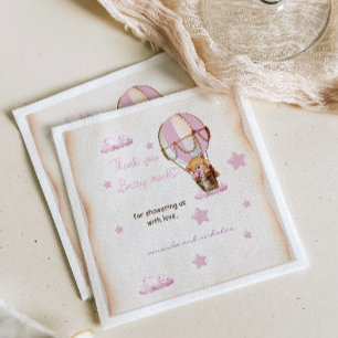 Serviette En Papier Montgolfière Bébé Ours Rose Beige Rustique