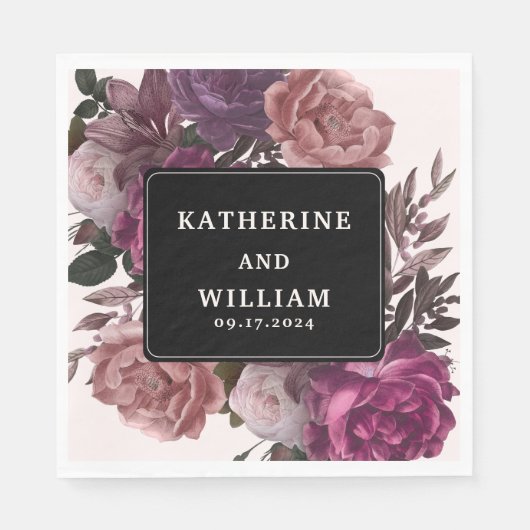 Serviette En Papier Moody foncé bordeaux marron floral noir mariage (Devant)