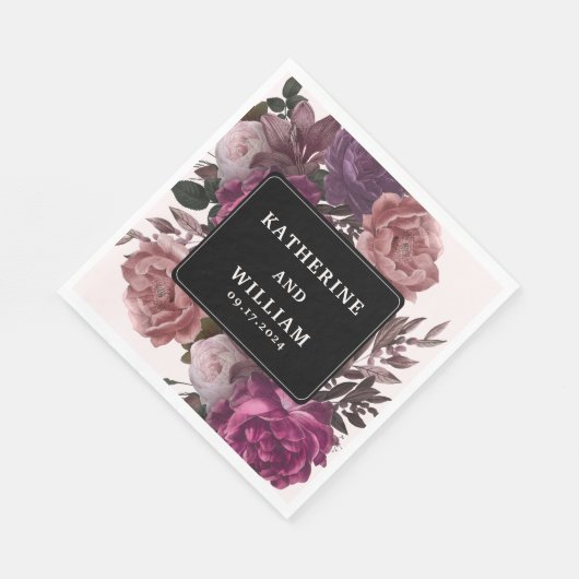Serviette En Papier Moody foncé bordeaux marron floral noir mariage (Coin)