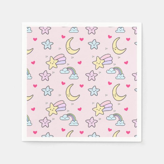 Serviette En Papier Moon, Stars and Clouds Pattern on Rose (Devant)