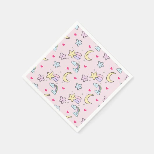 Serviette En Papier Moon, Stars and Clouds Pattern on Rose (Coin)
