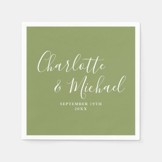 Serviette En Papier Moss Green Elegant Mariage de script moderne (Devant)