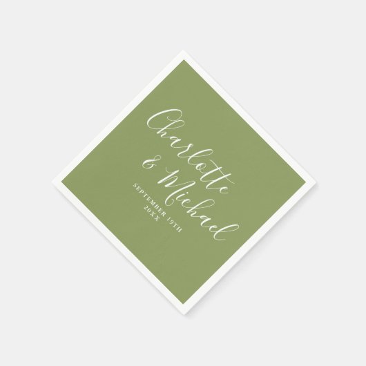 Serviette En Papier Moss Green Elegant Mariage de script moderne (Coin)