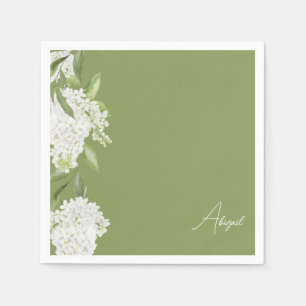 Serviette En Papier Moss Green White Floral Script Nom Fête des mariée