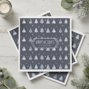 Serviette En Papier Motif Arbres de Noël et Flocons de Neige Bleu ID86