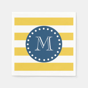 Serviette En Papier Motif blanc jaune, Monogramme bleu marine