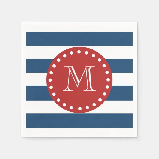 Serviette En Papier Motif bleu bleu blanc, Monogramme rouge (Devant)