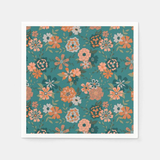 Serviette En Papier Motif botanique orange fleurs vertes (Devant)