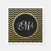 Serviette En Papier Motif Chevron Noir et Or Triple Monogramme (Devant)