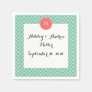 Serviette En Papier Motif Chevron vert Mint   Monogramme de corail