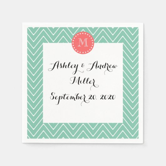Serviette En Papier Motif Chevron vert Mint | Monogramme de corail (Devant)