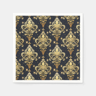 Serviette En Papier Motif damassé floral royal pailleté noir et or