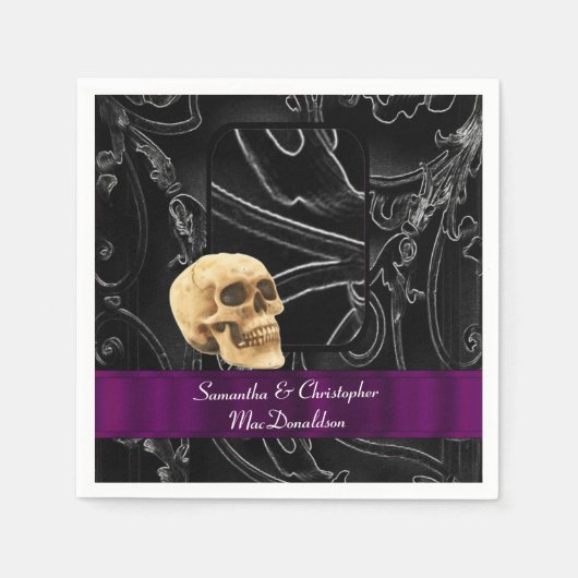 Serviette En Papier Motif damassé mariage du crâne gothique noir (Devant)
