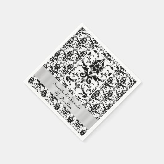 Serviette En Papier Motif damassé mariage noir et blanc (Coin)