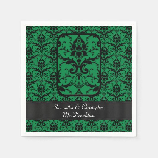 Serviette En Papier Motif damassé mariage noir et vert (Devant)