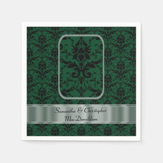 Serviette En Papier Motif damassé mariage noir et vert (Devant)