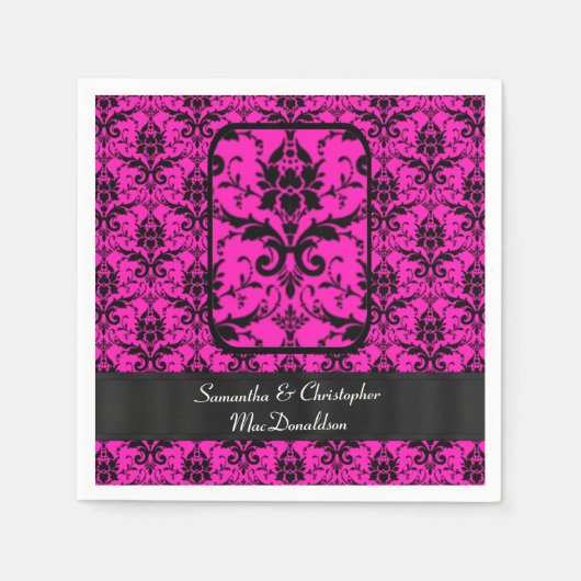 Serviette En Papier Motif damassé rose noir et fuchsia (Devant)