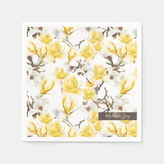 Serviette En Papier Motif d'aquarelle jaune et blanc Magnolia Blossom (Devant)