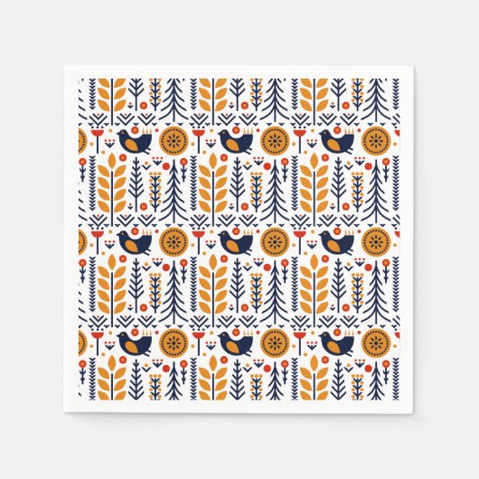 Serviette En Papier Motif d'art populaire aux oiseaux d'automne (Devant)
