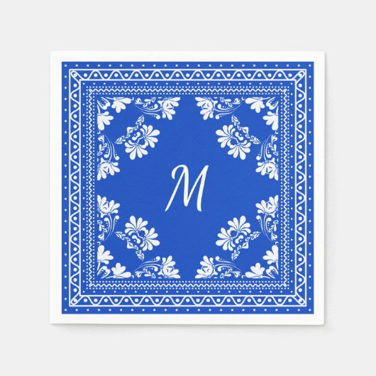 Serviette En Papier motif de bandana monogramme bleu et blanc (Devant)