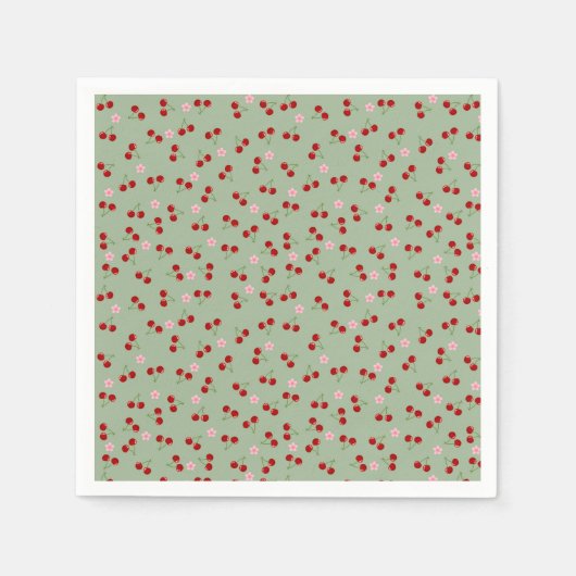 Serviette En Papier Motif de cerises sur fond vert (Devant)