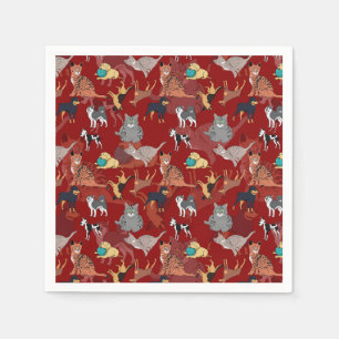 Serviette En Papier Motif de chats et de chiens sur fond rouge