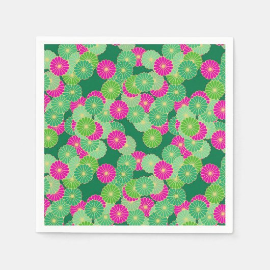 Serviette En Papier Motif de fleurs Art Déco - tons verts, fuchsia (Devant)