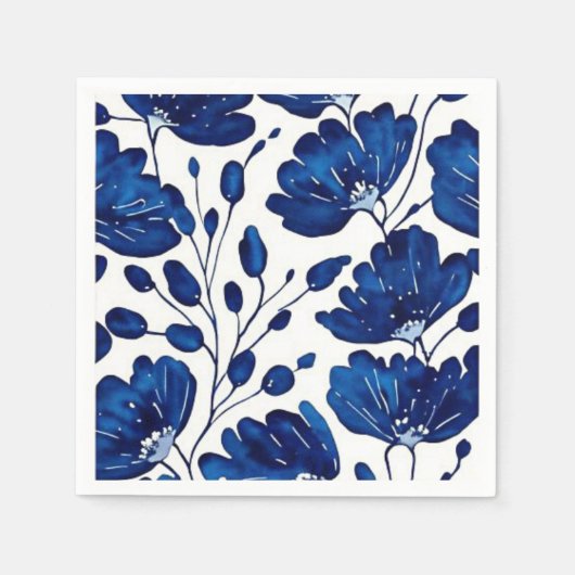 Serviette En Papier Motif de fleurs bleu marine (Devant)