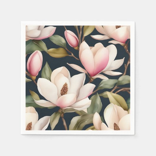 Serviette En Papier Motif De Fleurs Magnolia Blanches Et Roses (Devant)