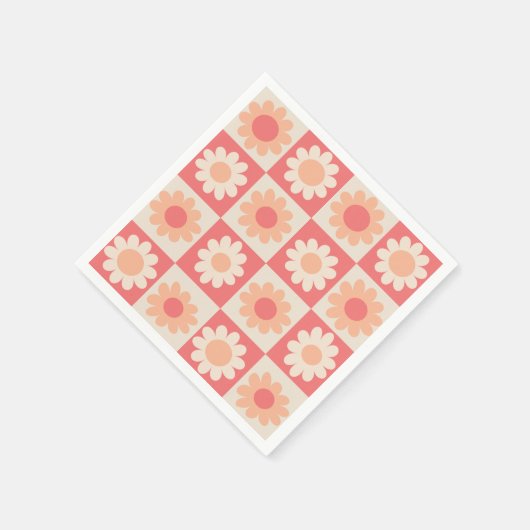 Serviette En Papier motif de fleurs rétro À damiers Peach Fuzz (Coin)
