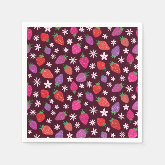 Serviette En Papier Motif de fraises et de fleurs blanches (Devant)