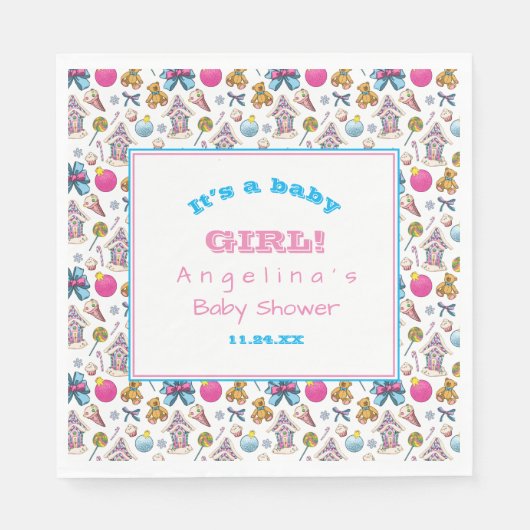 Serviette En Papier Motif de Noël rose et bleu personnalisé (Devant)