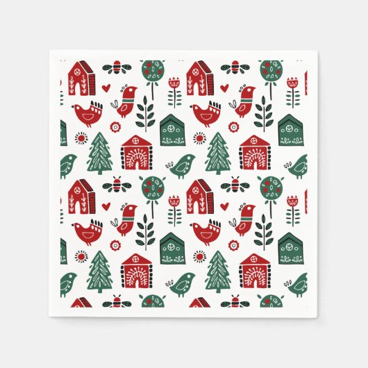 Serviette En Papier Motif de Noël scandinave rouge et vert (Devant)