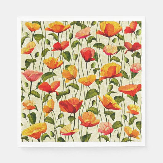 Serviette En Papier Motif de pavots, rouge et jaune, (Devant)