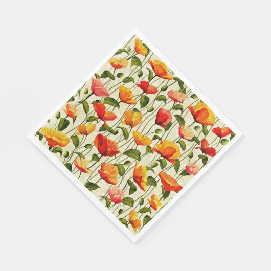 Serviette En Papier Motif de pavots, rouge et jaune, (Coin)