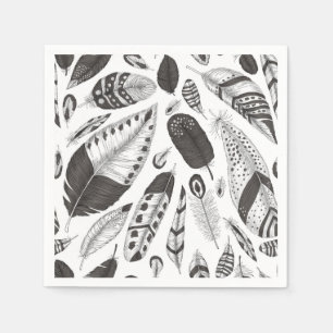Serviette En Papier Motif de plumes noir et blanc