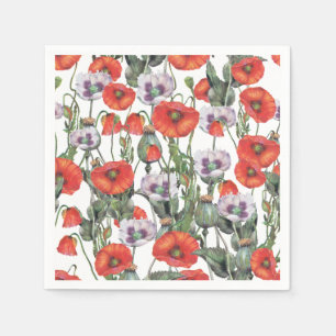 Serviette En Papier Motif de Poppies rouges et violettes