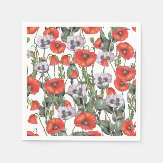 Serviette En Papier Motif de Poppies rouges et violettes (Devant)
