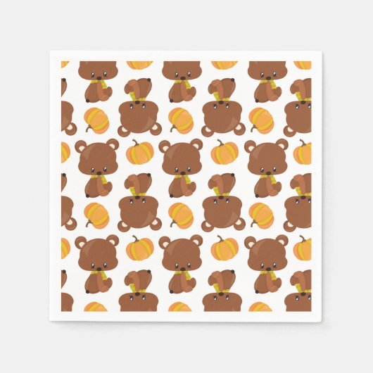 Serviette En Papier Motif D'Ours, Ours Mignons, Automne, Citrouille (Devant)