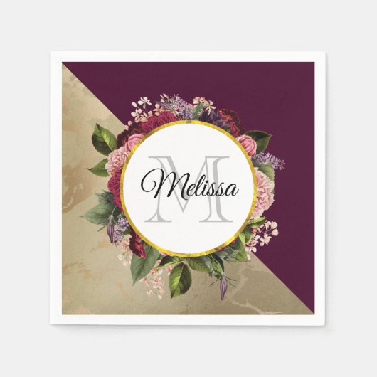Serviette En Papier Motif en marbre doré et monogramme floral bordeaux (Devant)