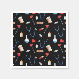 Serviette En Papier Motif Équipement Médical Infirmière Docteur Noir