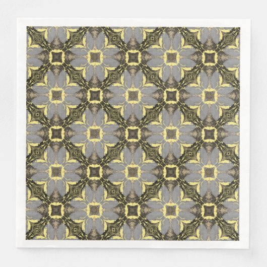 Serviette En Papier Motif Fleurs Jaunes, Gris et Noires (Devant)